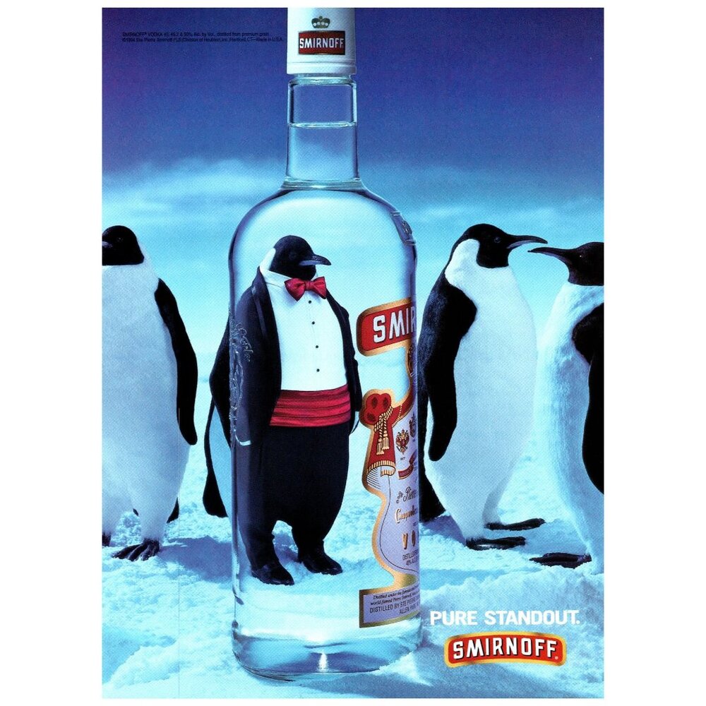 1994 Smirnoff Vodka Vintage Print Ad Emperor Penguin Pure Standout 90s Wall Art